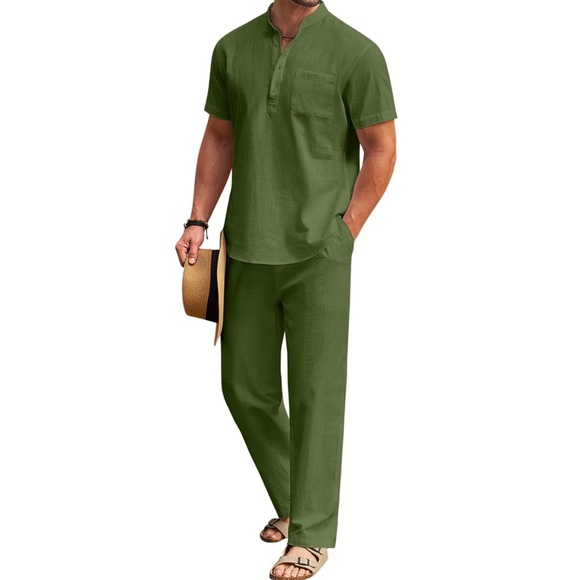 COOFANDY Other - NWT Men's 2 Pieces Cotton Linen Set Casual Short Sleeve Shirt Beach Yoga Pants